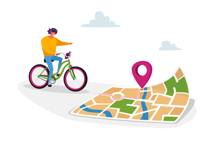 Female Character Riding Bike Use Map Smartphone Application to Finding Correct Way in Big City. Bicycle Gps Geolocation