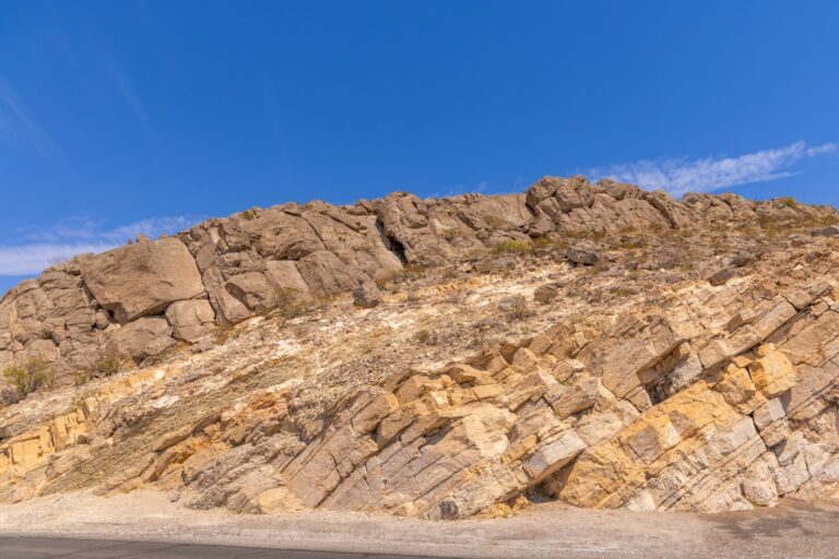 Rugged rocky landscape in El Paso, TX, showcasing arid natural beauty under a clear blue sky.